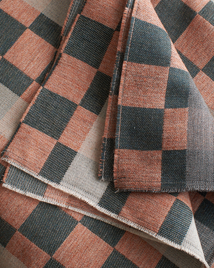 Checkerboard Wool Throw in Orange and Pine Green