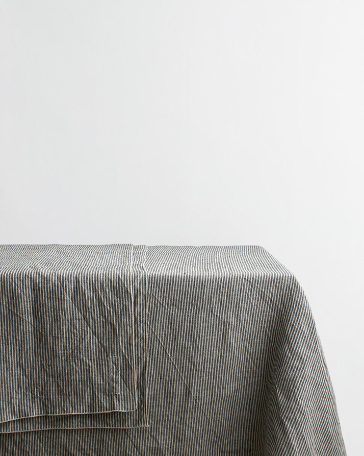 Dark Grey & Oatmeal Striped Linen Tablecloth with Natural Edge Trim