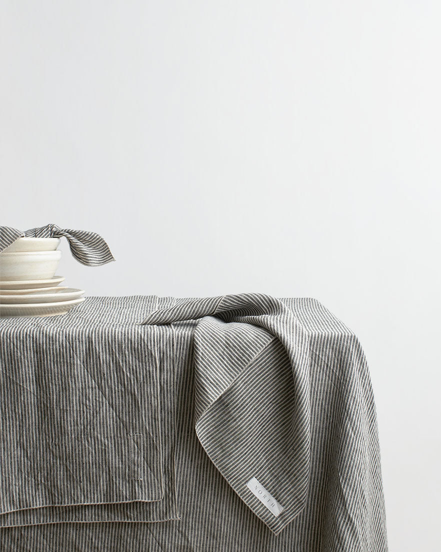 Set of 2 Dark Grey & Oatmeal Striped Linen Napkins with Natural Edge Trim