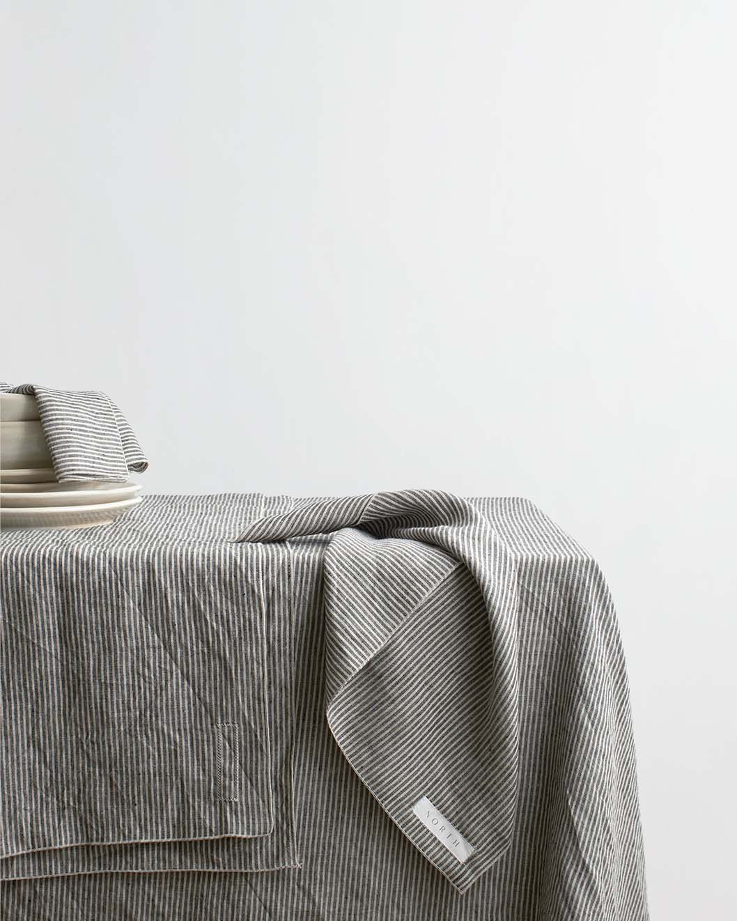 Dark Grey & Oatmeal Striped Linen Tablecloth with Natural Edge Trim