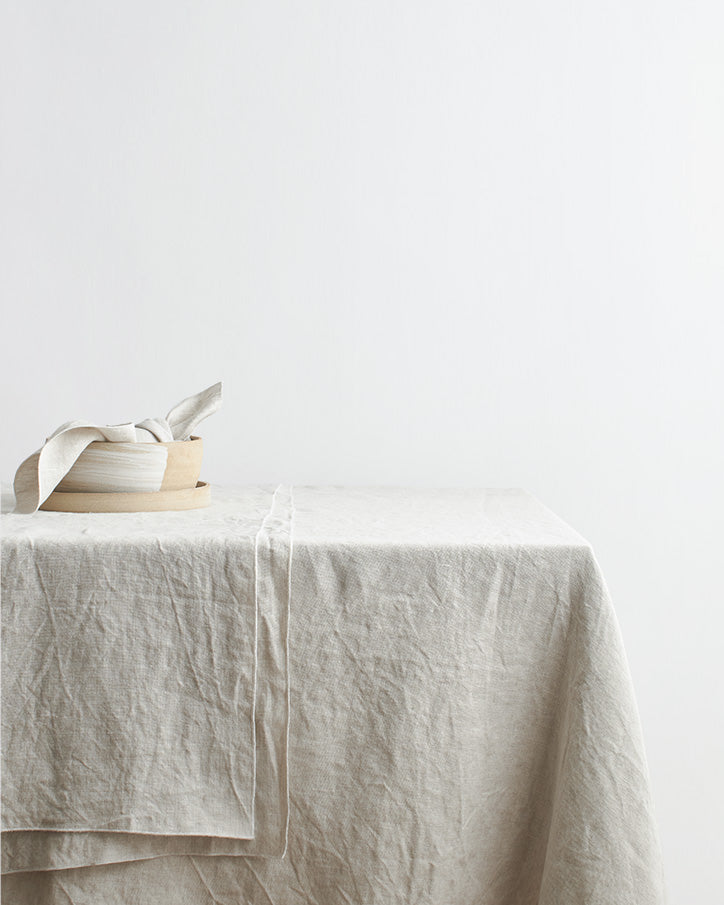 Oatmeal Linen Tablecloth with White Edge Trim