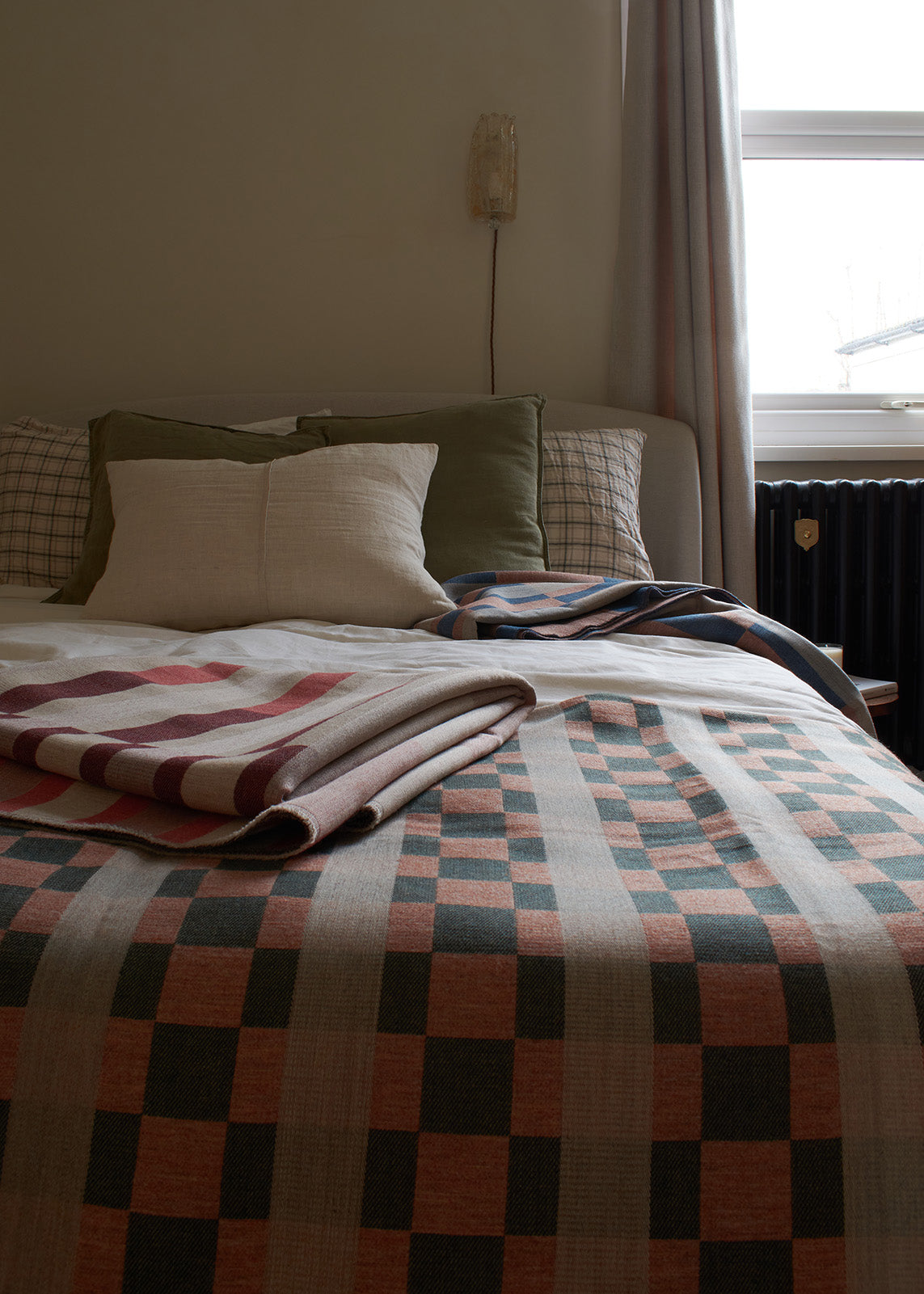 Checkerboard Wool Throw in Orange and Pine Green