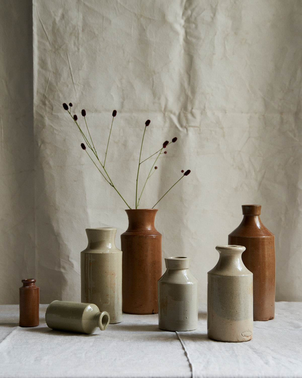 Vintage Large Stoneware Rounded Spout Bottle Vase In Brown